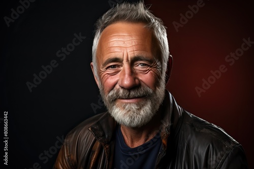 Senior man with gray hair and beard in modern stylish clothes and stylish hairstyle.
