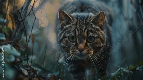 A cat is walking through a forest with its eyes wide open