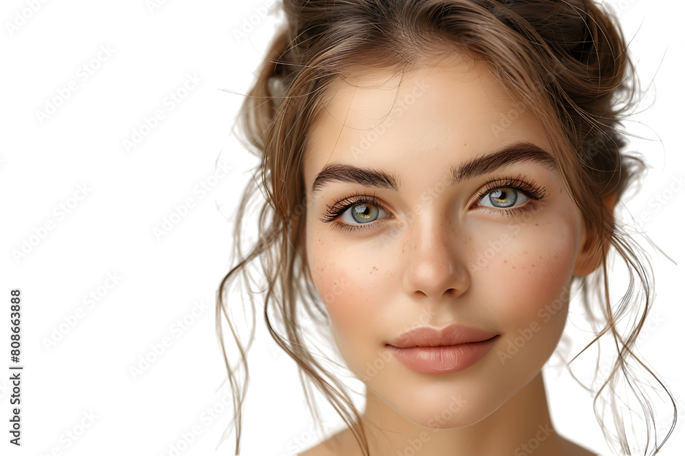 Naklejka premium Half portrait of young beautiful girl with brown eyes, glowing face skin and lips on isolated transparent background