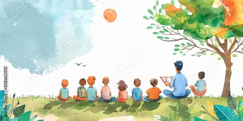 A group of children are sitting under a tree and a man is reading to them. The scene is peaceful and educational  with the man imparting knowledge to the children