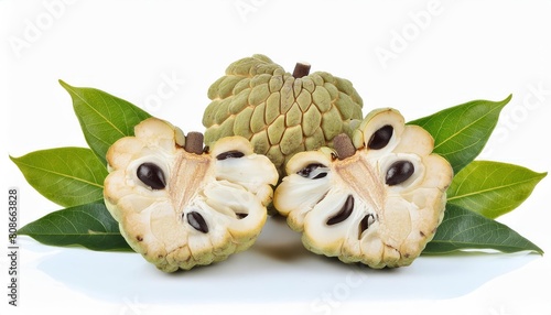 Sugar Apple or Custard Apples with sliced with green leaves isolated on white background  photo