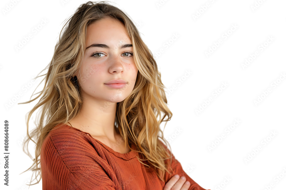 Portrait of young European woman standing with crossed arms on isolated transparent background Portrait of young European woman standing with crossed arms on isolated transparent background