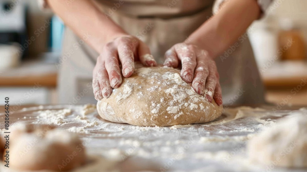 A close-up of hands rolling out whole wheat dough on a floured kitchen counter