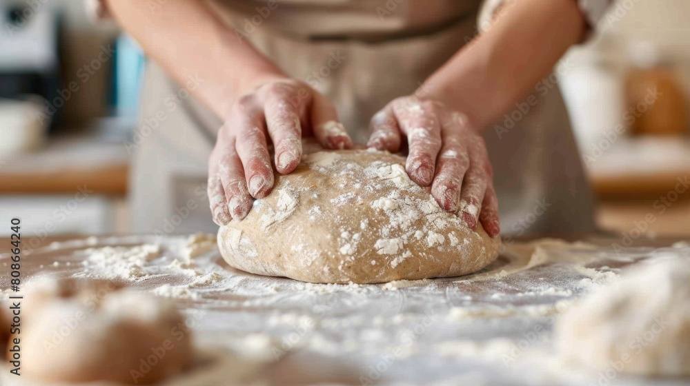 A close-up of hands rolling out whole wheat dough on a floured kitchen counter A close-up of hands rolling out whole wheat dough on a floured kitchen counter