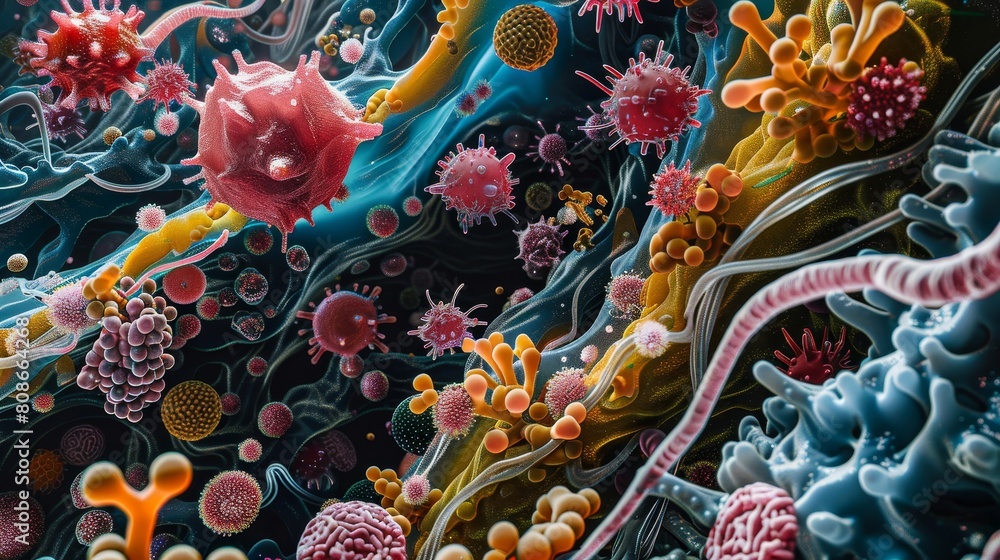 Zoomed-in, ultra-detailed view of a microscopic world within soil, showcasing a busy scene of microorganisms at work on organic compounds