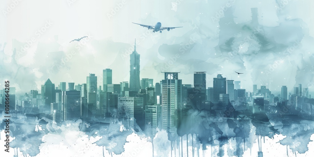 A cityscape with a plane flying over it. The sky is cloudy and the city is filled with tall buildings