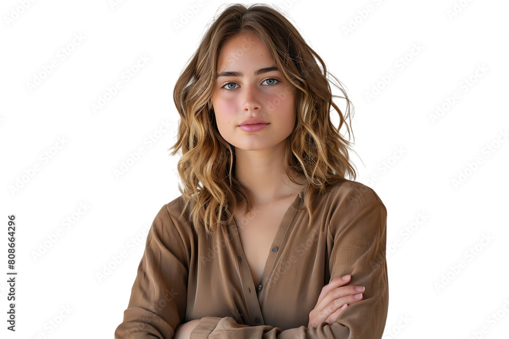 Portrait of young European woman standing with crossed arms on isolated transparent background Portrait of young European woman standing with crossed arms on isolated transparent background