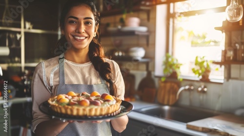 A young South Asian woman with a warm smile stands in her modern kitchen  holding a beautifully plated vegan apricot tart. 