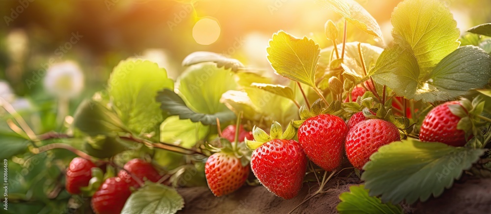 Growing strawberry fruits in a garden showcasing a vibrant image with plenty of copy space Growing strawberry fruits in a garden showcasing a vibrant image with plenty of copy space