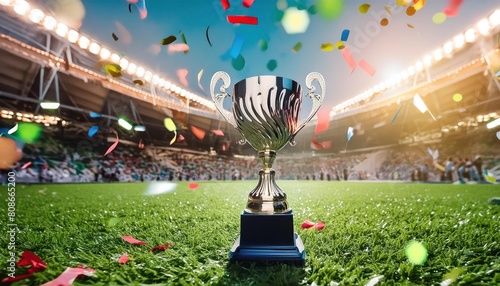 The champion cup stands on a green field at a football stadium with the light of spotlights 