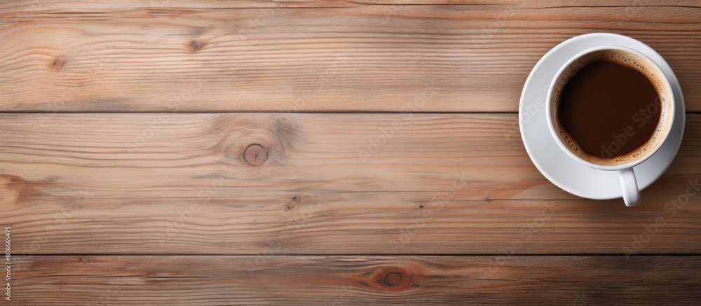 On a wooden table there is a coffee cup and a smartphone creating a visually appealing composition for a copy space image On a wooden table there is a coffee cup and a smartphone creating a visually appealing composition for a copy space image