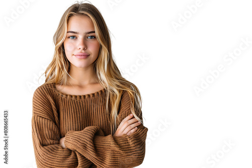Portrait of young European woman standing with crossed arms on isolated transparent background