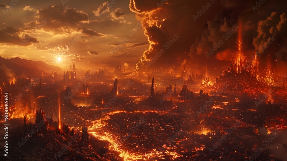 Visionary depiction of a city from hell, featuring close-up lava flows and enveloping smoke under a darkened sky