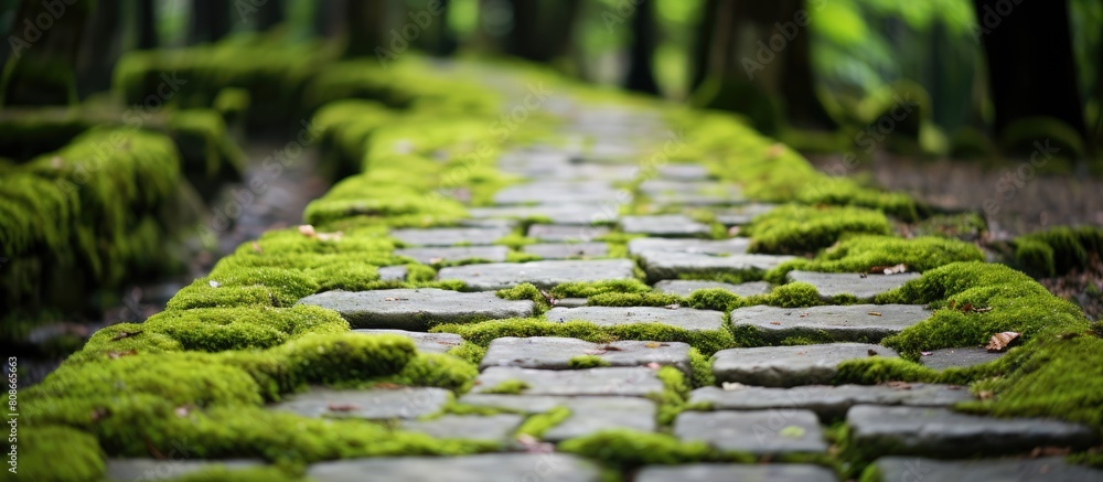 A stone tile walkway with a moss covered texture background. Copy space image. Place for adding text and design A stone tile walkway with a moss covered texture background. Copy space image. Place for adding text and design