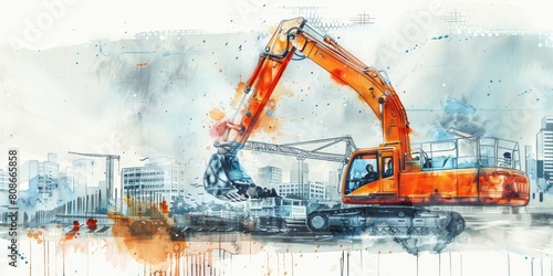A large orange construction vehicle is digging into the ground. The scene is set in a city, with buildings in the background. Scene is one of hard work and progress