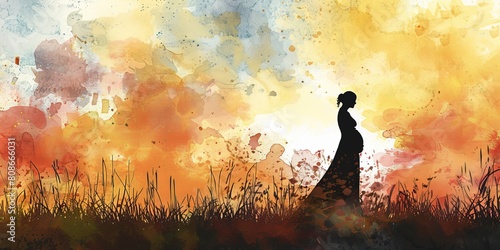 A woman is standing in a field of grass with a sunset in the background. The image has a serene and peaceful mood  with the woman being the focal point of the scene