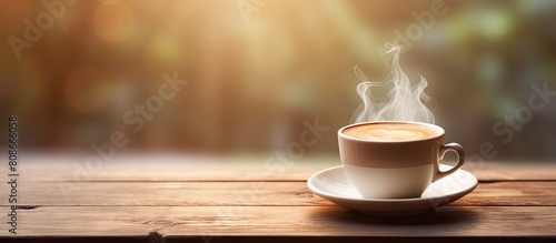 Blurry copy space image of a coffee cup resting on a wooden table