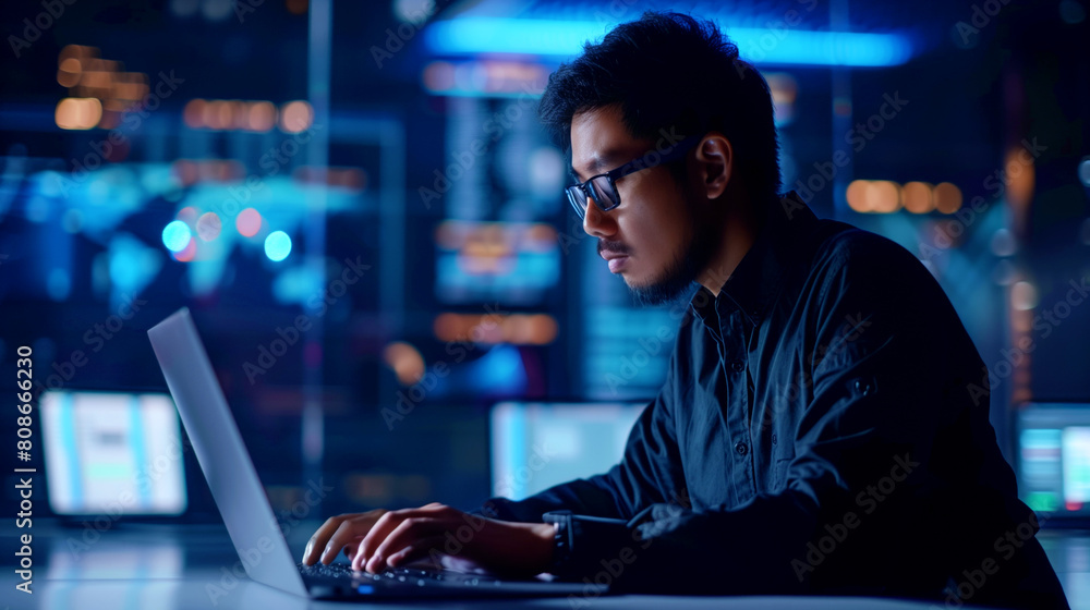 Focused IT professional coding on a laptop in a high-tech office environment at night. Focused IT professional coding on a laptop in a high-tech office environment at night.