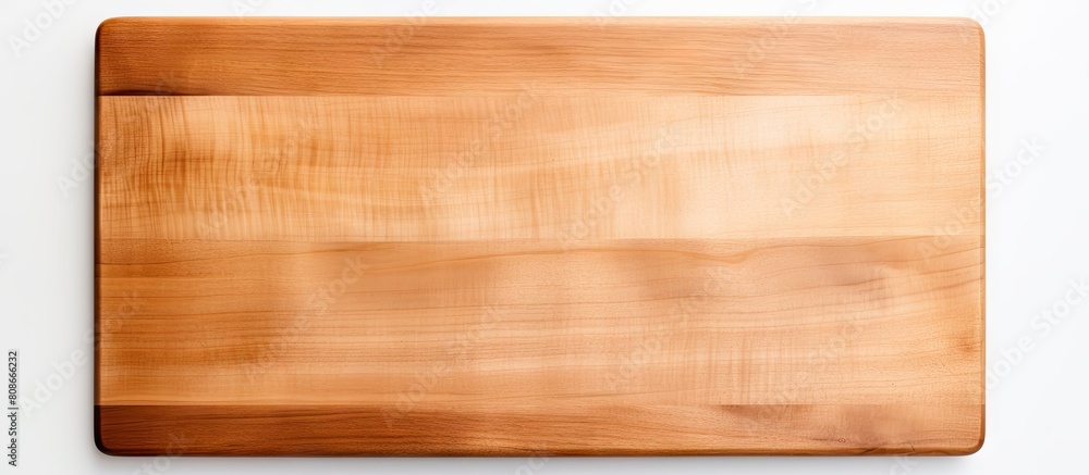 A wooden cutting board in a rectangular shape placed on a plain white background with no distractions or other objects around it The image is ready for use as a copy space A wooden cutting board in a rectangular shape placed on a plain white background with no distractions or other objects around it The image is ready for use as a copy space