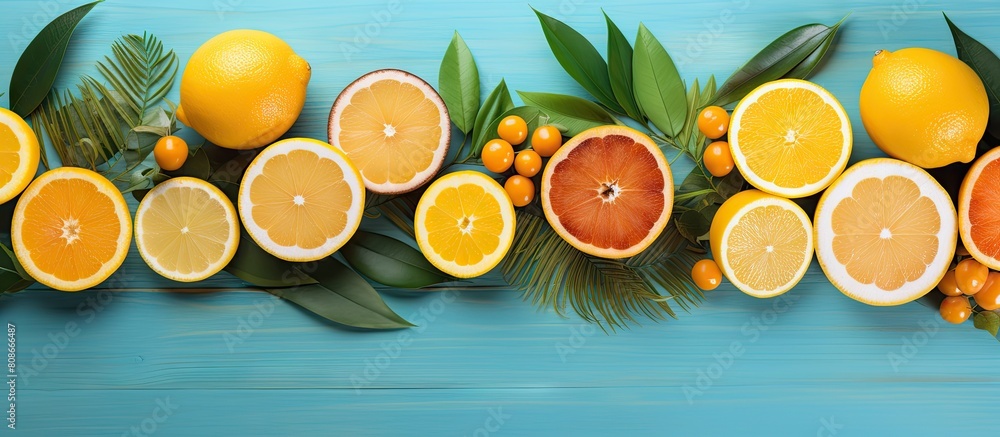 A wooden surface adorned with a pleasing arrangement of lemons oranges and palms creates a vibrant summer background perfect for a copy space image A wooden surface adorned with a pleasing arrangement of lemons oranges and palms creates a vibrant summer background perfect for a copy space image