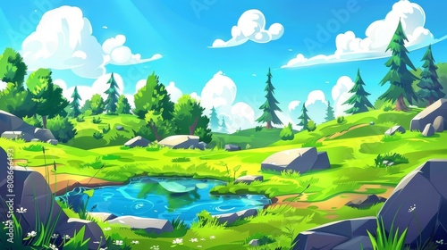 A cartoon nature landscape with pond, grass, rocks and conifers under a blue sky with fluffy clouds. A charming natural tranquil countryside scene. Modern illustration.