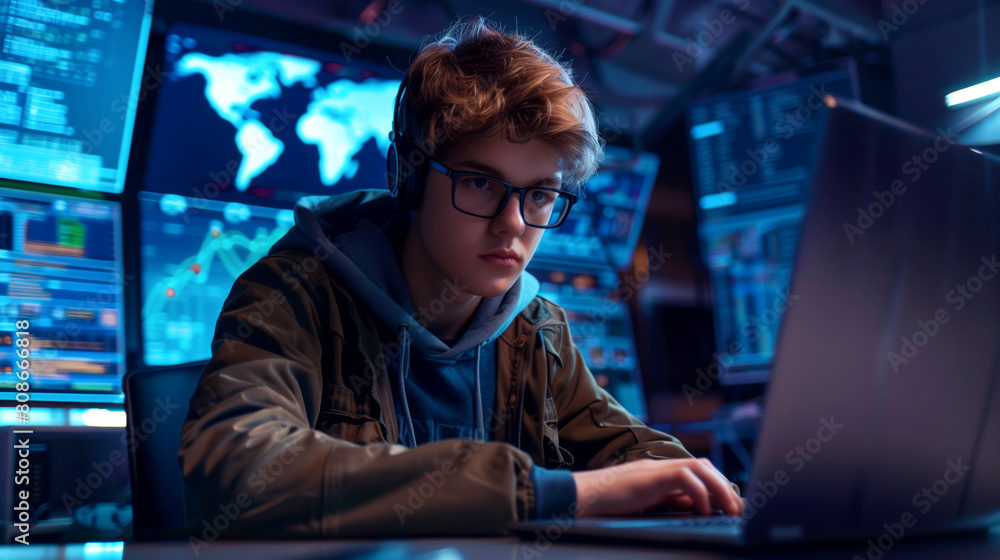 Focused young male cybersecurity expert working intensely in a high-tech monitoring room. Focused young male cybersecurity expert working intensely in a high-tech monitoring room.