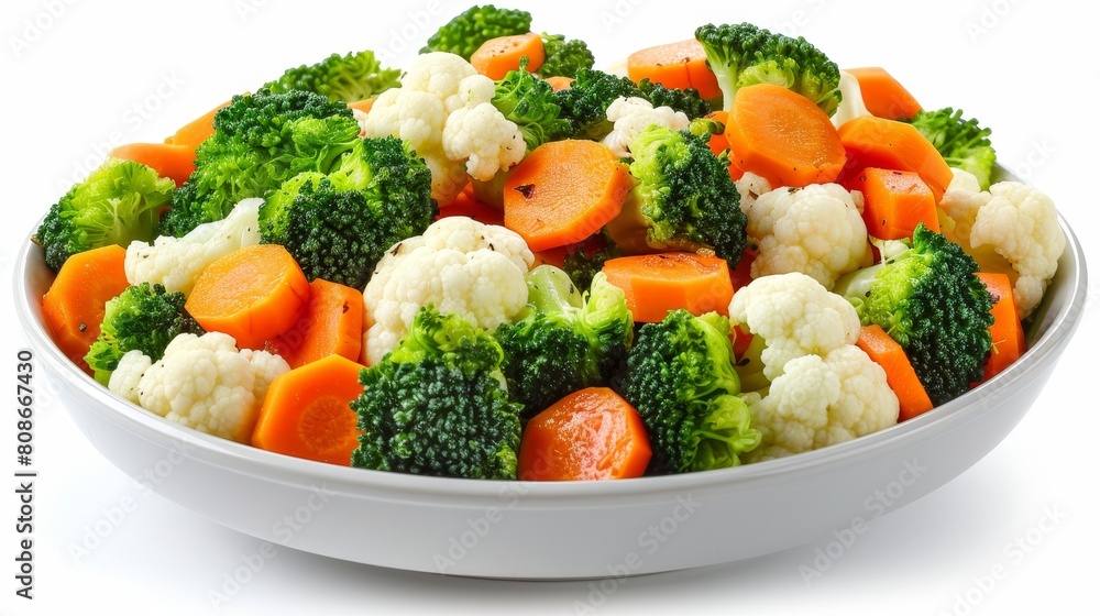 Vibrant steamed broccoli, carrots, and cauliflower in a microwave-safe dish, bursting with color against a stark white backdrop, accentuated by soft studio lights Vibrant steamed broccoli, carrots, and cauliflower in a microwave-safe dish, bursting with color against a stark white backdrop, accentuated by soft studio lights