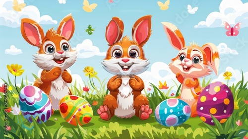 Cartoon illustration of a Happy Easter banner with cartoon puppets rabbit, fox, and dog on a colorful background with flying painted eggs. Invitation to a holiday party, performance, or egg hunt. © Mark