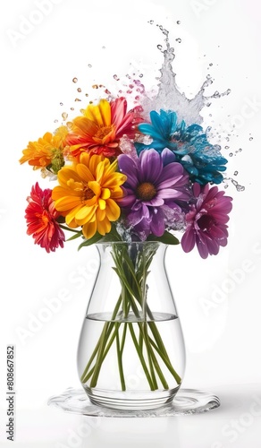 Wallpaper Mural Generate a vivid description of a rainbow splash of water bursting from a vase filled with blooming flowers, set against a pristine white backdrop Torontodigital.ca