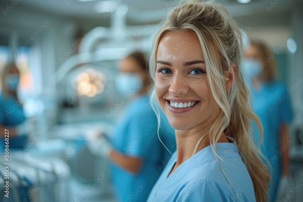 Fototapeta premium Surgeon and nurse during a dental operation, Team of dental surgeons performs surgery on teeth in a modern clinic, General anesthesia during orthodontic surgery. ai generative