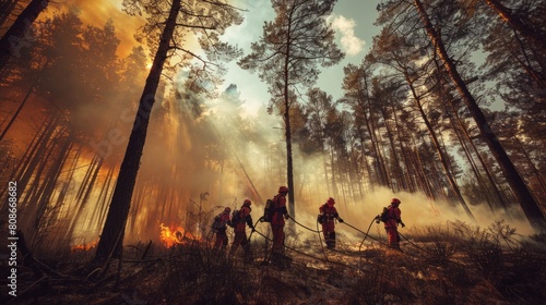 Volunteer fire team Extinguishing forest fires on trees in dry forests The weather is hot and stuffy in the summer.