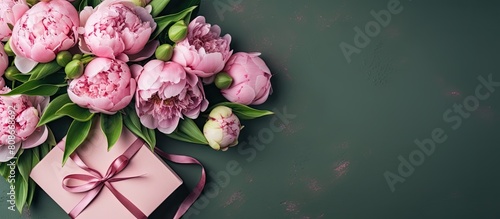Festive greeting card featuring a flat lay top view concept of pink peonies bouquet with gift boxes in wrapping paper on a green background Creative copy space image photo