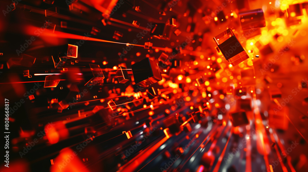 Abstract digital space with dynamic red cubes depicting data flow in a cyberspace environment. Abstract digital space with dynamic red cubes depicting data flow in a cyberspace environment.