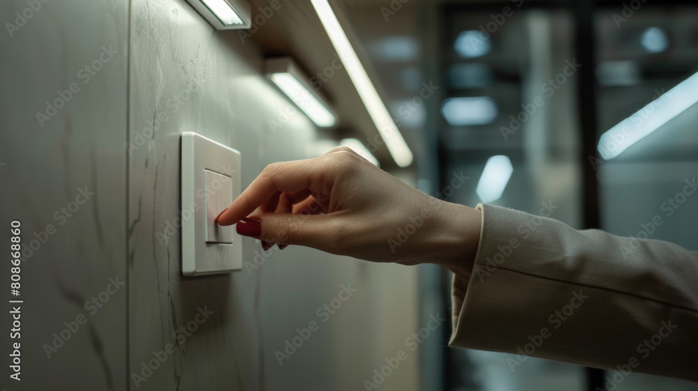 custom made wallpaper toronto digitalA woman's hand flips off a light switch in office.