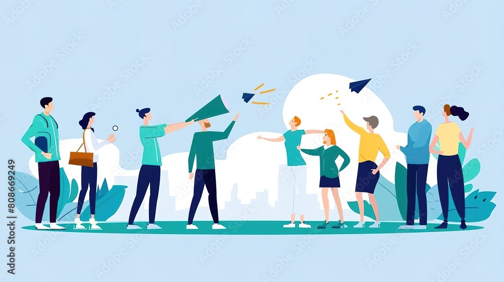 A group of people are standing in a circle talking and sharing ideas. A group of people are standing in a circle talking and sharing ideas.