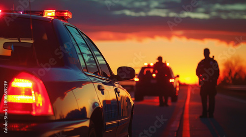 A police car stops a vehicle on a road during dusk. A male police officer walks up to the driver's side window, while a female police officer stands behind him for support.