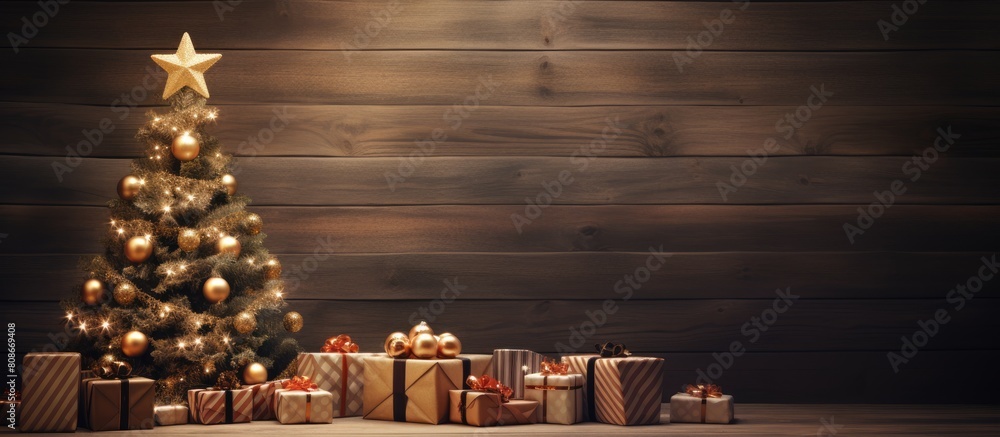 Wooden background with a Christmas tree adorned with gift boxes and decorations providing ample copy space for adding custom lettering
