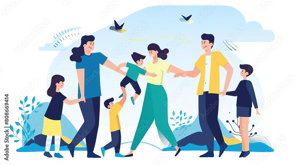 A happy family is walking together in the park A happy family is walking together in the park