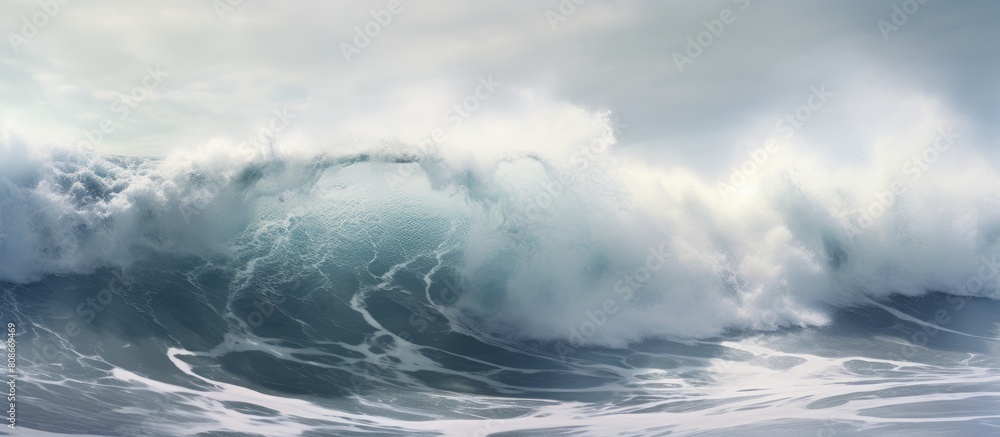 Copy space image of waves forcefully colliding with the sandy shoreline