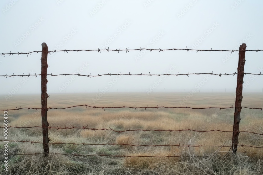 Fototapeta premium Forbidding Barbed wire field. Security metal. Generate Ai