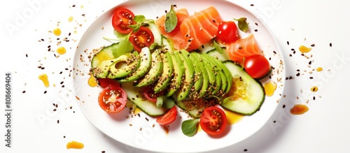 Copy space image of a refreshing salad featuring salted salmon avocado cucumber sesame seeds tomatoes and mixed herbs drizzled with olive oil all placed on a white background from a top view perspect photo