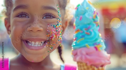 The little girl has sprinkles on her nose and a big smile as she holds an ice cream cone. She looks happy and full of joy at the event, enjoying her sorbetes or gelato AIG50 photo