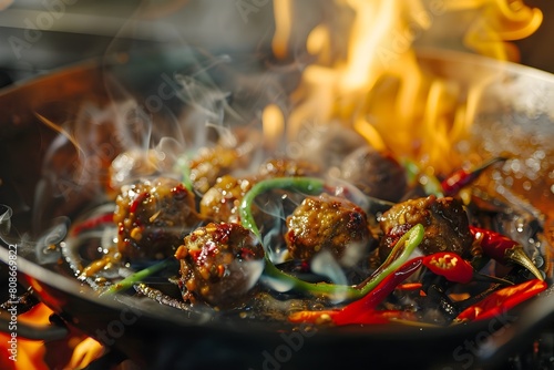 Sizzling Spicy Hot Pot with Meatballs and Peppers in a Modern Kitchen Setting photo