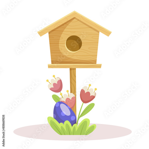 A wooden birdhouse on a stand with flowers and an Easter egg, in flat style on a white background, concept of spring and Easter. Vector illustration