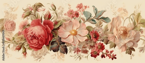 A postcard with a festive vintage design featuring floral elements. Copy space image. Place for adding text and design