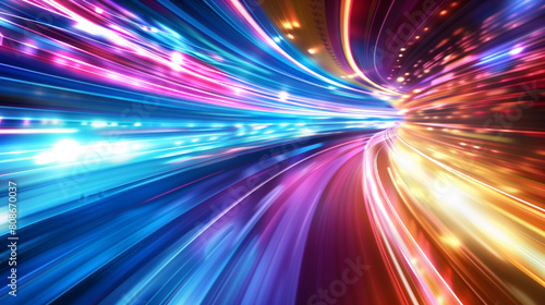 Dynamic illustration of vibrant  streaming light trails representing high-speed digital data transfer.