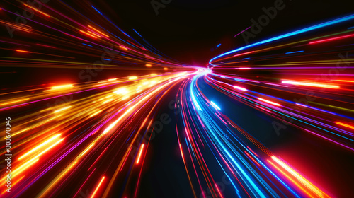 Abstract depiction of vibrant light streaks speeding through a dark background, symbolizing high-speed data transfer. © Natalia