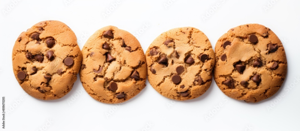A top view image of homemade chocolate chip cookies placed on a white background with ample copy space for text or graphics A top view image of homemade chocolate chip cookies placed on a white background with ample copy space for text or graphics
