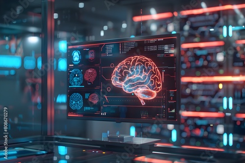 Brain Study Laboratory with Futuristic Holographic Neurological Data Displays and Monitors photo