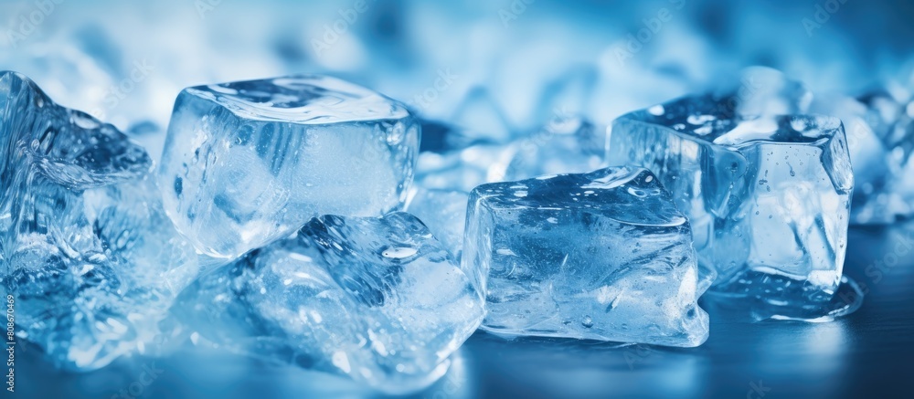 Close up of transparent ice cubes melting in dark blue water creating sparkling shards of ice crystals The copy space image showcases the beauty of melting ice in pure cold water during the spring se Close up of transparent ice cubes melting in dark blue water creating sparkling shards of ice crystals The copy space image showcases the beauty of melting ice in pure cold water during the spring se